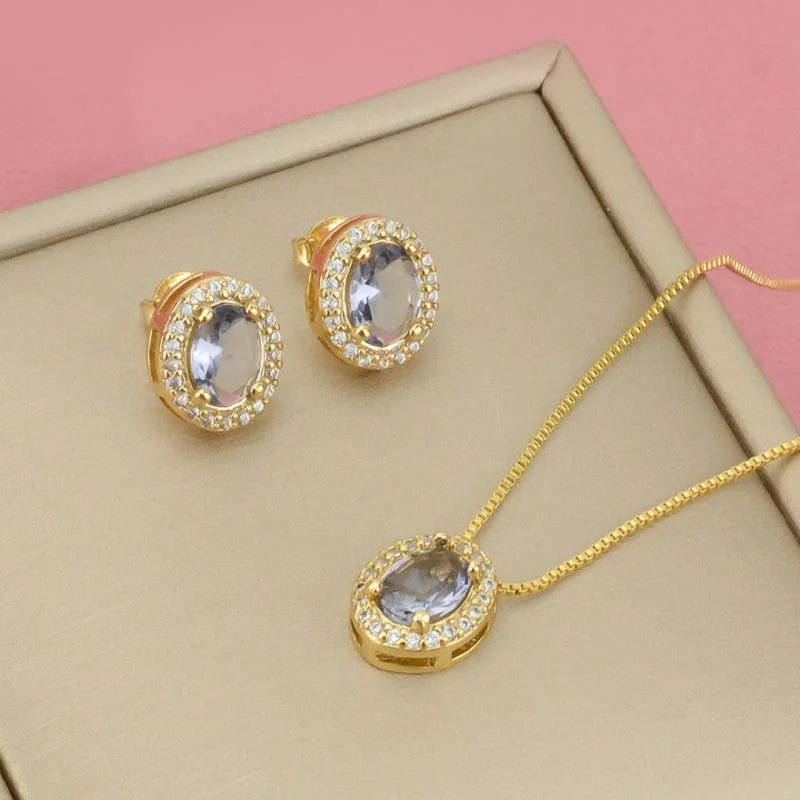 Conjunto de Brincos e Colar Oval Lilás com Zircônias Brancas