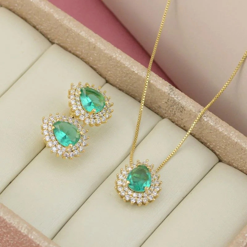 Conjunto Colar e Brinco Gotas com Turmalina Verde e Zircônias