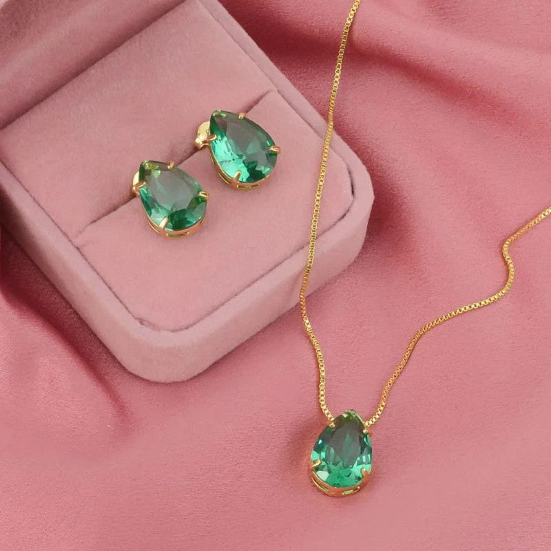 Conjunto Colar e Brinco Gotas com Turmalina Verde