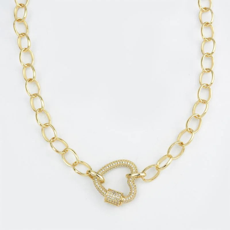 Colar Elo Português Pingente Coração Cravejado de Zircônias