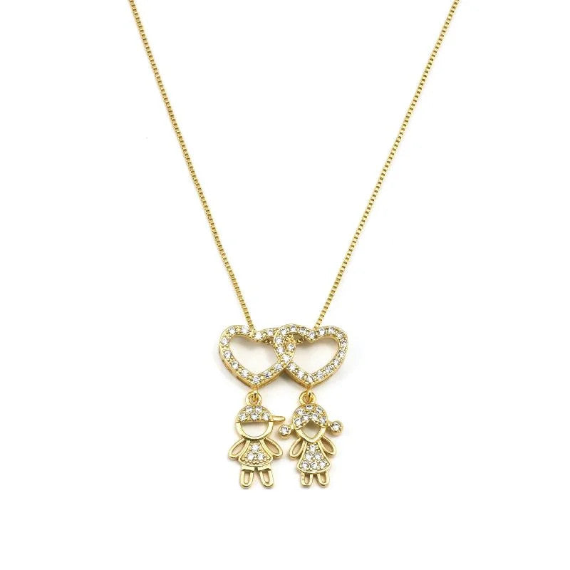 Colar Veneziana com Coração Vazado Cravejado e Casal de Filhos