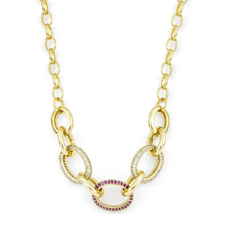 Colar Choker Elos Cravejados com Zircônias Rosas e Cristal