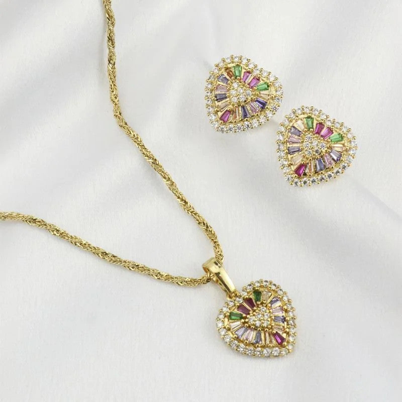 Conjunto de Brincos e Colar Trançado com Coração Zircônias Navetes Coloridas