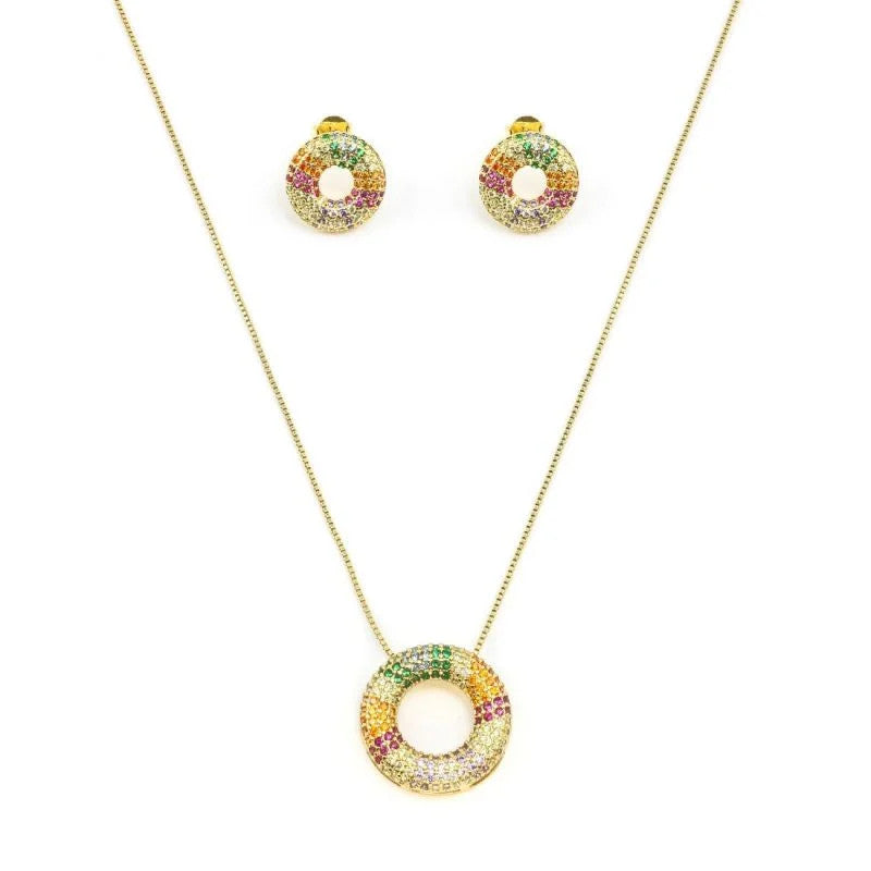 Conjunto de Brincos e Colar com Esfera Vazada Cravejada Colorida