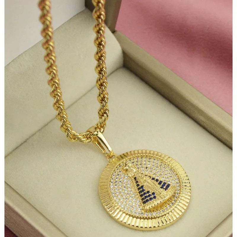 Pingente Nossa Senhora Cravejada em Zircônia Média Redonda