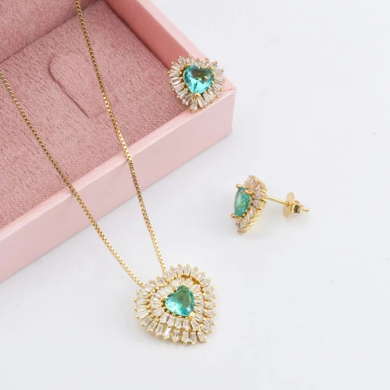 Conjunto Colar e Brinco Turmalina Verde e Navetes