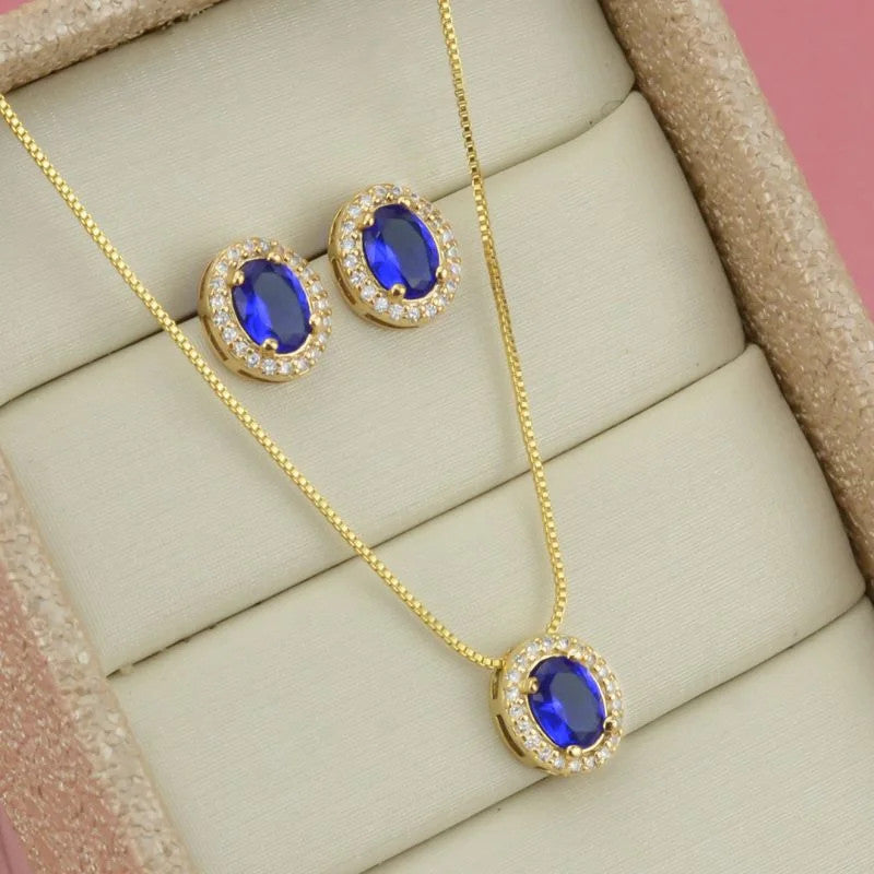 Conjunto de Brincos e Colar Oval Azul Safira com Zircônias Brancas